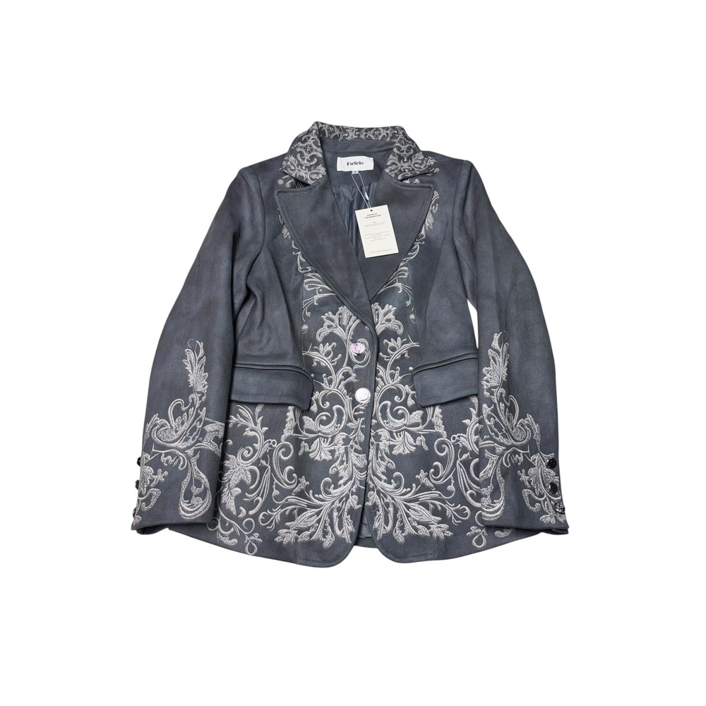 NWT‎ Futario Gray Faux Suede Baroque Embroidered Blazer Jacket Womens Small NEW
